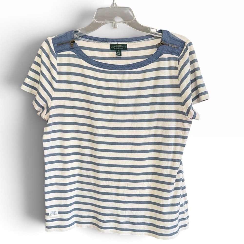 Lauren Ralph Lauren Tee Women XL Blue White Striped Zipper Nautical Core Top